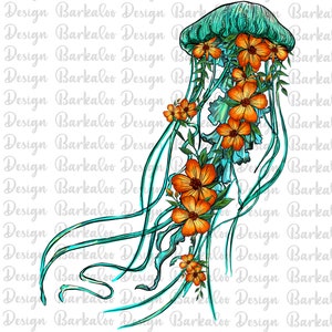 Floral Jellyfish Png Sublimation Design, Hand Drawn Jellyfish Png,Jellyfish Portrait Png, Jellyfish Clipart Png,Sea Creatures Png Downloads