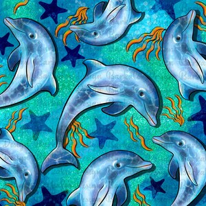 Puede incluir: Un patr&oacute;n sin costuras con delfines azules nadando en un oc&eacute;ano azul turquesa con algas marinas naranjas y estrellas de mar azules.