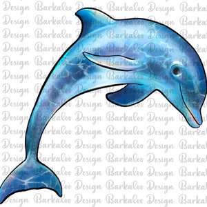 May include: A watercolor illustration of a blue dolphin jumping out of the water. The dolphin has a white belly and a black eye. The water is a light blue color and has a ripple effect.