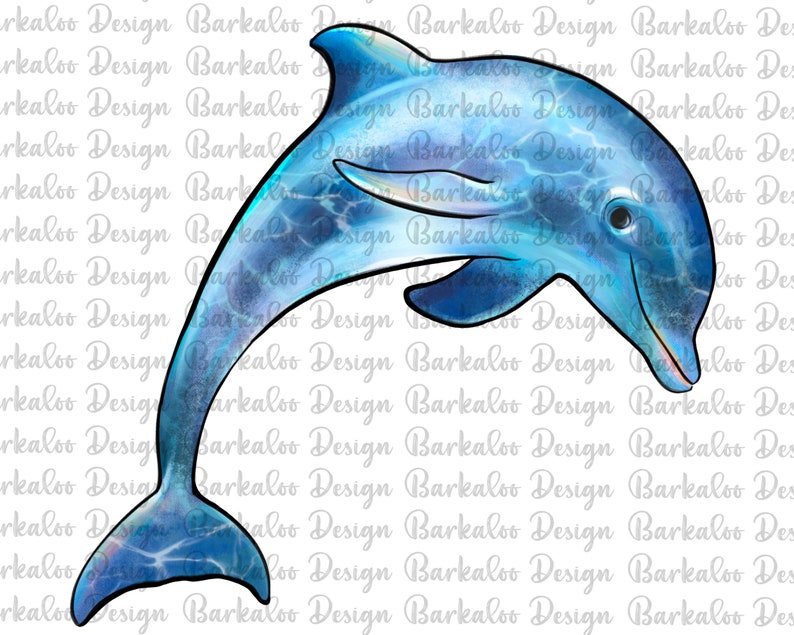 May include: A watercolor illustration of a blue dolphin jumping out of the water. The dolphin has a white belly and a black eye. The water is a light blue color and has a ripple effect.