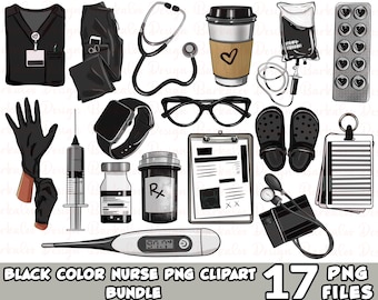 Op de afbeelding: Een set van 17 zwart-witte PNG-clipart afbeeldingen met een verpleegkundig thema. De afbeeldingen omvatten een stethoscoop, een verpleegstersuniform, een spuit, een bloeddrukmeter, een thermometer, een bril, een koffiebeker, een medisch dossier, een paar klompen, een medicijnfles, een medische tas, een paar handschoenen, een horloge en een zak met intraveneuze vloeistof.