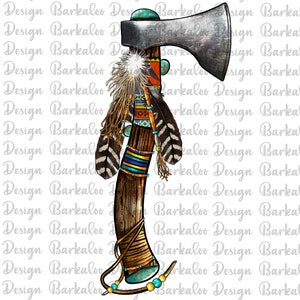 May include: A decorative tomahawk with a wooden handle wrapped in leather and adorned with colorful feathers, beads, and turquoise accents. The metal head of the tomahawk is silver.