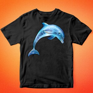 May include: A black t-shirt with a blue dolphin graphic. The dolphin is jumping out of the water and has a blue and white water pattern.