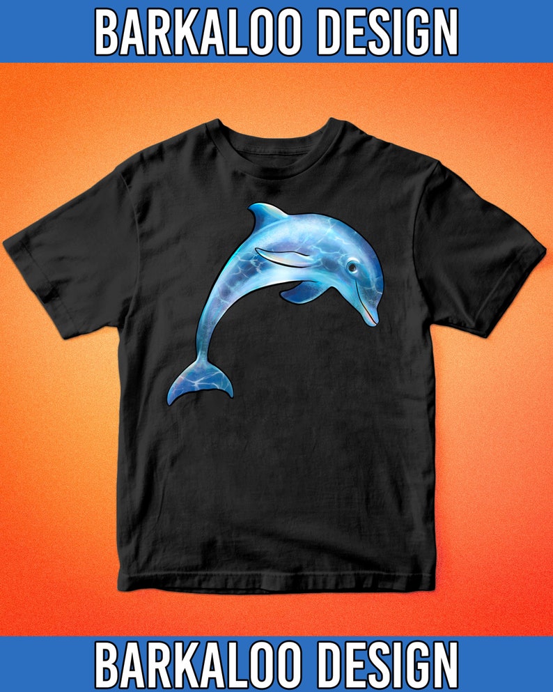 May include: A black t-shirt with a blue dolphin graphic. The dolphin is jumping out of the water and has a blue and white water pattern.
