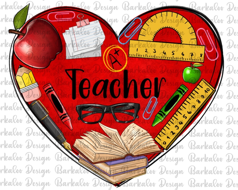 Pode incluir: Um cora&ccedil;&atilde;o vermelho com a palavra "Teacher" em letras pretas. O cora&ccedil;&atilde;o est&aacute; cheio de v&aacute;rios materiais escolares, incluindo uma ma&ccedil;&atilde;, um livro, um l&aacute;pis, uma r&eacute;gua, um giz de cera, um transferidor, &oacute;culos e clipes.