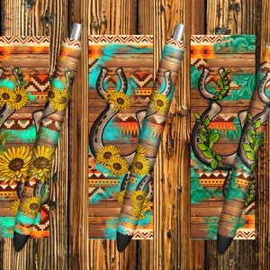 Horseshoe And Serape Pen Wrap Sublimation Design, Sunflowers Pen Wraps PNG, Western Pen Wrap Png, Serape Pen Wrap Png Downloads