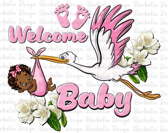 Welcome Baby Stork With Black Baby Girl Png Sublimation Design,Stork Baby Girl Delivery Png,Welcome Baby Png,Afro Baby Png, Digital Download