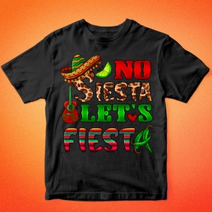 May include: Black t-shirt with a colorful graphic design. The design includes a sombrero, guitar, lime, and the words "NO SIESTA LET'S FIESTA" in red, green, and leopard print. The shirt has the text "BARKALOO DESIGN" at the top and bottom.
