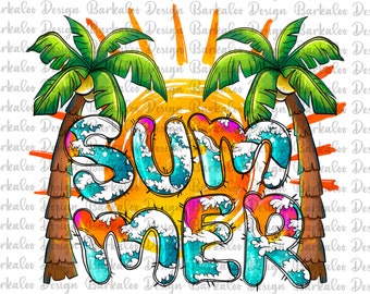 Summer Waves And Sun Png Sublimation Design, Summer Waves And Sun With Palm Trees Png, Sun Png, Beach Png, Waves Png, Digital Download