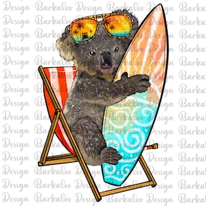 May include: A watercolor illustration of a koala wearing sunglasses and holding a surfboard. The koala is sitting in a striped beach chair. The surfboard has a blue, green, and orange design.