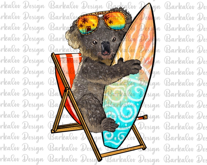 May include: A watercolor illustration of a koala wearing sunglasses and holding a surfboard. The koala is sitting in a striped beach chair. The surfboard has a blue, green, and orange design.