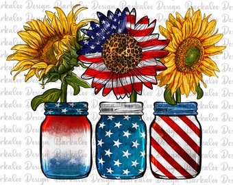 Western Patritotic Sunflower 4th Of July Png, Usa Flag Jar Png, Usa Flag Sunflower Png, America Design Png Digital Downloads