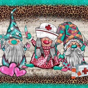 May include: Three gnomes dressed as nurses with a leopard print background. The gnome on the left is wearing a blue and green hat with pills on it, a white beard, and a stethoscope. The gnome in the middle is wearing a red and pink dress with a leopard print, a white nurse's hat with a red cross, and a stethoscope. The gnome on the right is wearing a blue and green hat with bandages on it, a white beard, and a thermometer.