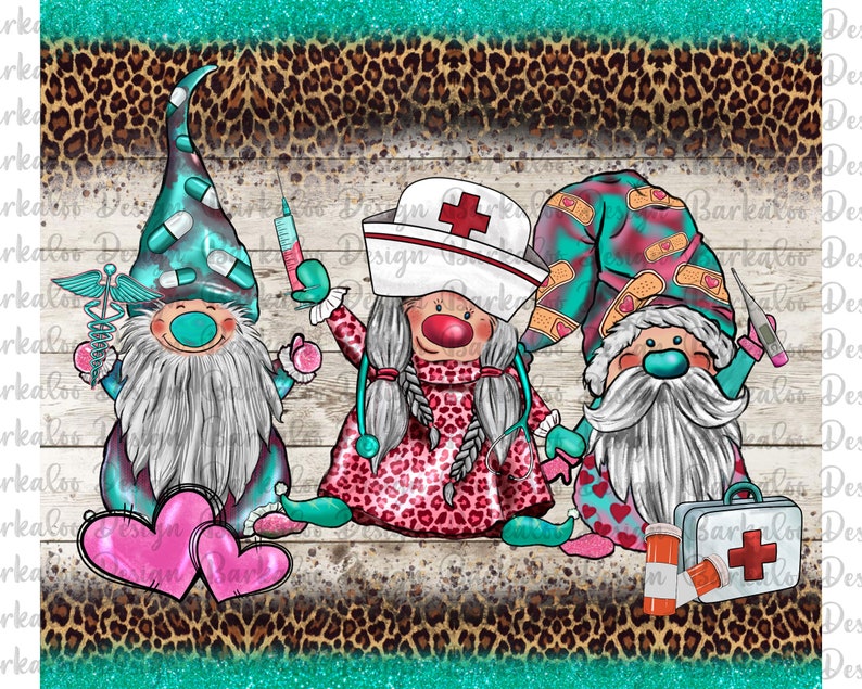 May include: Three gnomes dressed as nurses with a leopard print background. The gnome on the left is wearing a blue and green hat with pills on it, a white beard, and a stethoscope. The gnome in the middle is wearing a red and pink dress with a leopard print, a white nurse's hat with a red cross, and a stethoscope. The gnome on the right is wearing a blue and green hat with bandages on it, a white beard, and a thermometer.