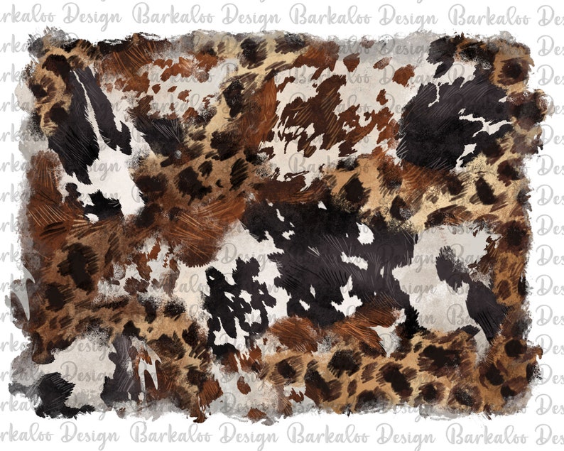 May include: A digitally painted animal print design featuring a mix of brown, black, and white patterns. The design has a textured appearance, resembling a cowhide or animal fur. The edges have a faded, watercolor-like effect.
