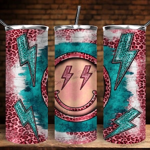 Western Lightning Bolt Smiling Face Turquesa 20oz. Skinny Tumbler PNG Sublimation Design, Smiley Skinny Tumbler Png, Descarga digital