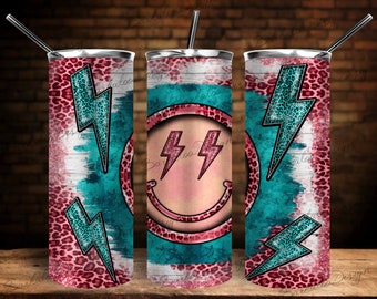 Western Lightning Bolt Smiling Face Turquoise 20oz. Skinny Tumbler PNG Sublimation Design, Smiley Skinny Tumbler Png, Digital Download