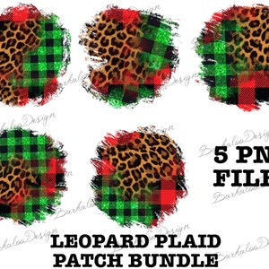 Può includere: Cinque immagini digitali di clipart con stampa leopardata e motivi a quadri rossi e verdi. I motivi sono usurati e hanno un effetto scintillante. Il testo "LEOPARD PLAID PATCH BUNDLE" è nella parte inferiore dell'immagine.