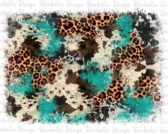 Cowhide Leopard Turquoise Glitter Background PNG Sublimation Design, Western Background Png,Distressed Western Pattern,Leopard Png Downloads