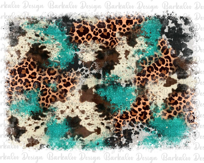Cowhide Leopard Turquoise Glitter Background PNG Sublimation Design, Western Background Png,Distressed Western Pattern,Leopard Png Downloads 