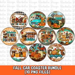 May include: Set of 10 fall-themed car coasters featuring various designs, including pumpkins, coffee cups, and autumn leaves. The coasters have a rustic, vintage look with a mix of wood, plaid, and leopard print patterns. The text on the coasters includes phrases like "Pumpkin Spice Junkie", "Tis the Season", and "Cozy Season".