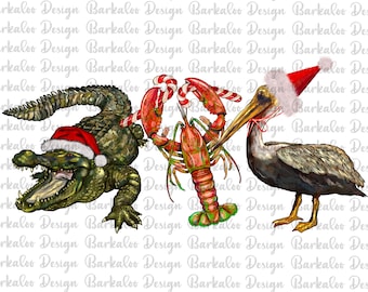 May include: A green alligator wearing a red Santa hat, a red lobster with candy canes, and a brown pelican wearing a red Santa hat. The alligator is facing left, the lobster is facing right, and the pelican is facing left.
