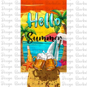 May include: A summer-themed can cooler with a beach scene, palm trees, a surfboard, and two glasses of beer. The text "Hello Summer" is written in blue and white letters.