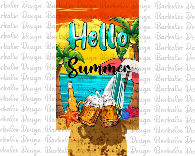 May include: A summer-themed can cooler with a beach scene, palm trees, a surfboard, and two glasses of beer. The text "Hello Summer" is written in blue and white letters.