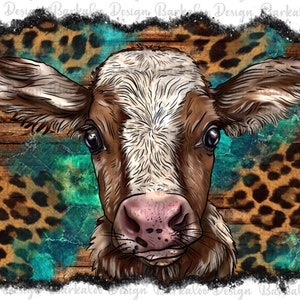 Leopard Wood Barn Turquoise Background Calf PNG Sublimation Design, Heifer Calf Png, Baby Cow Png,Calf Png,Farm Animals Png Design Downloads