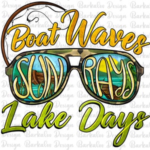 May include: A graphic design featuring a pair of sunglasses with a camouflage pattern. The sunglasses reflect a lake scene with a dock, sun rays, and the words "Sun Rays". The text "Boat Waves Lake Days" is written in a yellow and green font.