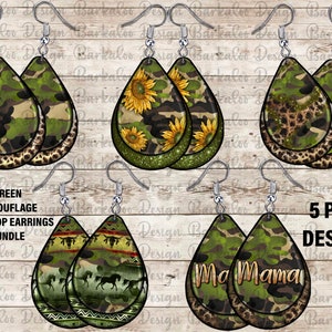 Western Green Camouflage Teardrop Earrings Png Sublimation Design Bundle, Leopard Camo Teardrop Png, Camo Mama Earrings Png Downloads
