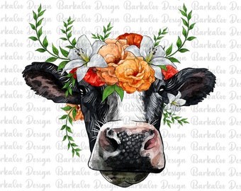 Floral Crown Holstein Cow Png Sublimation Design, Hand Drawn Cow Png, Holstein Portrait Png, Holstein Png, Floral Cow,Digital Downloads