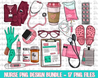 Nurse Png Sublimation Design Bundle, Pink Nurse Hand Drawn Digital Clipart, Set of 17 Nurse Png File, Nurse Life Png, Nursing Png Downloads