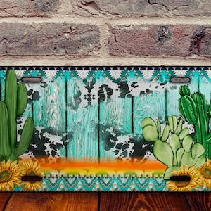Aztec Cactus Sunflower Wood License Plate Sublimation Design, Western License Plate,License Plate Sublimation Template,License Plate Designs