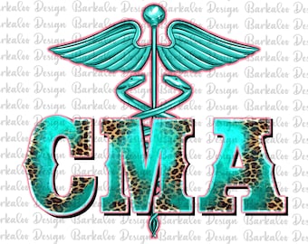 May include: A teal blue medical caduceus symbol with wings and a snake wrapped around the staff. The letters CMA are in teal blue with a leopard print pattern overlay. The letters are outlined in pink.