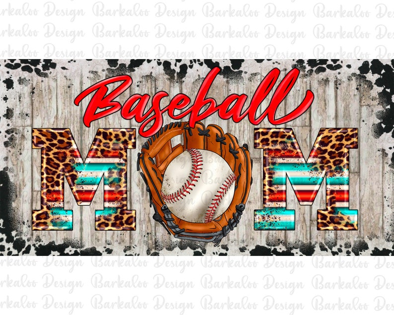 K&ouml;nnte beinhalten: Baseball Mom Grafik mit Leopardenmuster und rot-wei&szlig;-blauen Streifen. Die Grafik enth&auml;lt einen Baseball und einen Handschuh.
