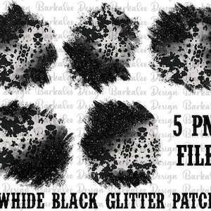Può includere: Cinque immagini digitali clipart in bianco e nero di pelle di mucca con sovrapposizione di glitter. Le immagini sono in uno stile distressed, con pennellate. Il testo "COWHIDE BLACK GLITTER PATCHES" è nella parte inferiore dell'immagine.