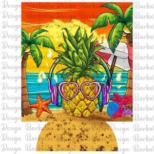 May include: A pineapple wearing pink heart-shaped sunglasses and headphones, with a beach scene in the background. The pineapple is on a sandy beach with palm trees, a beach umbrella, and a starfish.