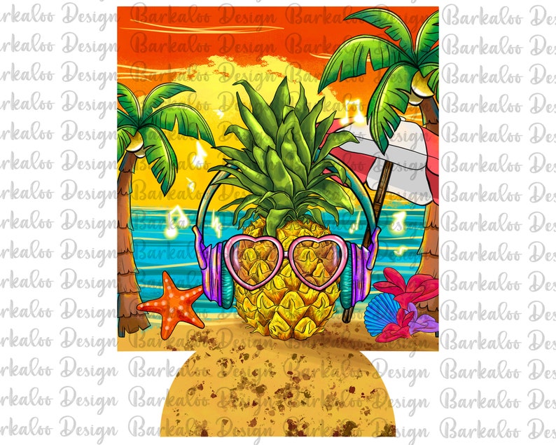 May include: A pineapple wearing pink heart-shaped sunglasses and headphones, with a beach scene in the background. The pineapple is on a sandy beach with palm trees, a beach umbrella, and a starfish.