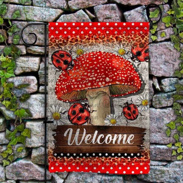 Welcome Ladybug Mushrooms Garden Flag Png Sublimation Design, Ladybug Garden Flag Png, Ladybug Mushrooms Garden Flag Png, Digital Download