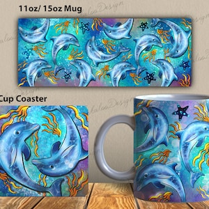 Dolphin And Starfish Glitter Mug Png Sublimation Design, 11oz et 15oz Mug Png, Dolphin Cup Coaster Png, Sea Creatures Mug Png Téléchargements