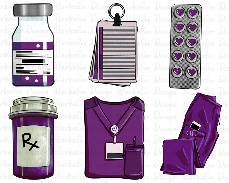 May include: A set of purple medical-themed illustrations. The set includes a vial, a pill bottle, a scrub top with a name tag, a pair of scrubs, and a sheet of pills.