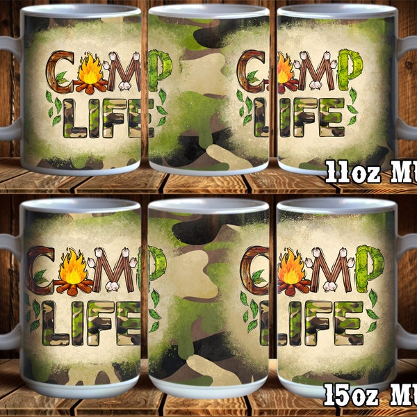 Camp Life Mugs 11oz and 15oz Mug PNG Sublimation Designs, Camp Life Sublimation Png, Camp Life Mug Png, Camouflage Mug PNG Design, Download