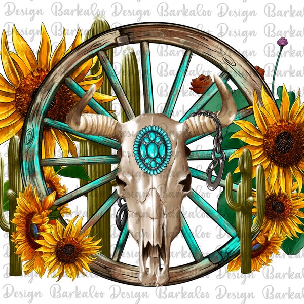 Wagon Wheel With Gemstone Bull Skull Png Sublimation Design, Sunflowers Wagon Wheel Png, Bull Skull Png, Wagon Wheel Png, Digital Download