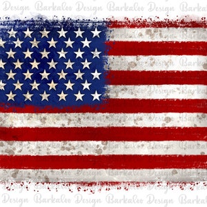 May include: A distressed American flag with a white background and red and blue stripes. The flag has a faded, vintage look with white paint splatters.