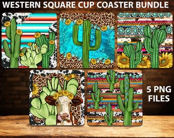 Western Square Cup Coaster Png Sublimation Designs Bundle, Cactus Turquoise Png,Square Cup Coaster Template,Cup Coaster PNG Design Downloads