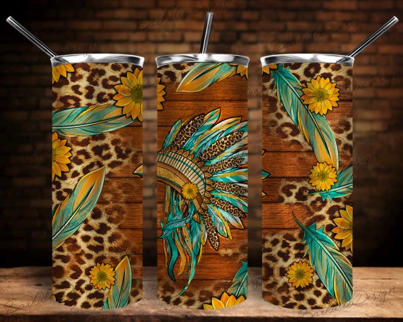 Western Indian Headdress Tumbler Png Sublimation Design,20oz. Skinny Tumbler PNG,Feather Headdress Tumbler Png,Leopard Tumbler Png Downloads