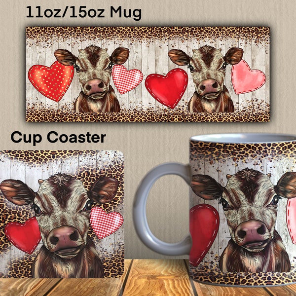 Valentine's Day Cow Mug Png, Valentine's Day Cow Png, Valentine Cup Coaster,Valentine Mug,Western Valentine Mug,Sublimation Design Downloads