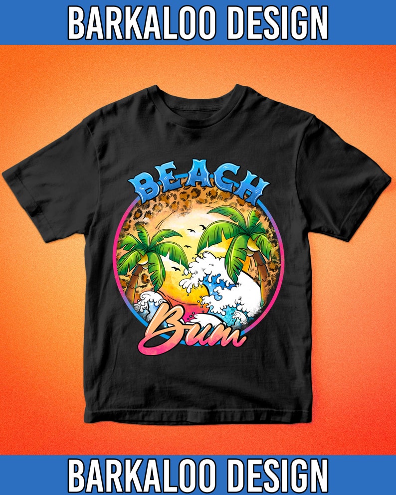 May include: Black t-shirt with a graphic of a beach scene with palm trees, waves, and the text "Beach Bum" in a colorful retro font.