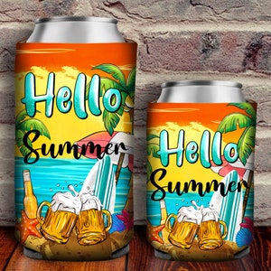 May include: Two colorful Hello Summer can coolers with a beach scene, palm trees, surfboards, and beer mugs.